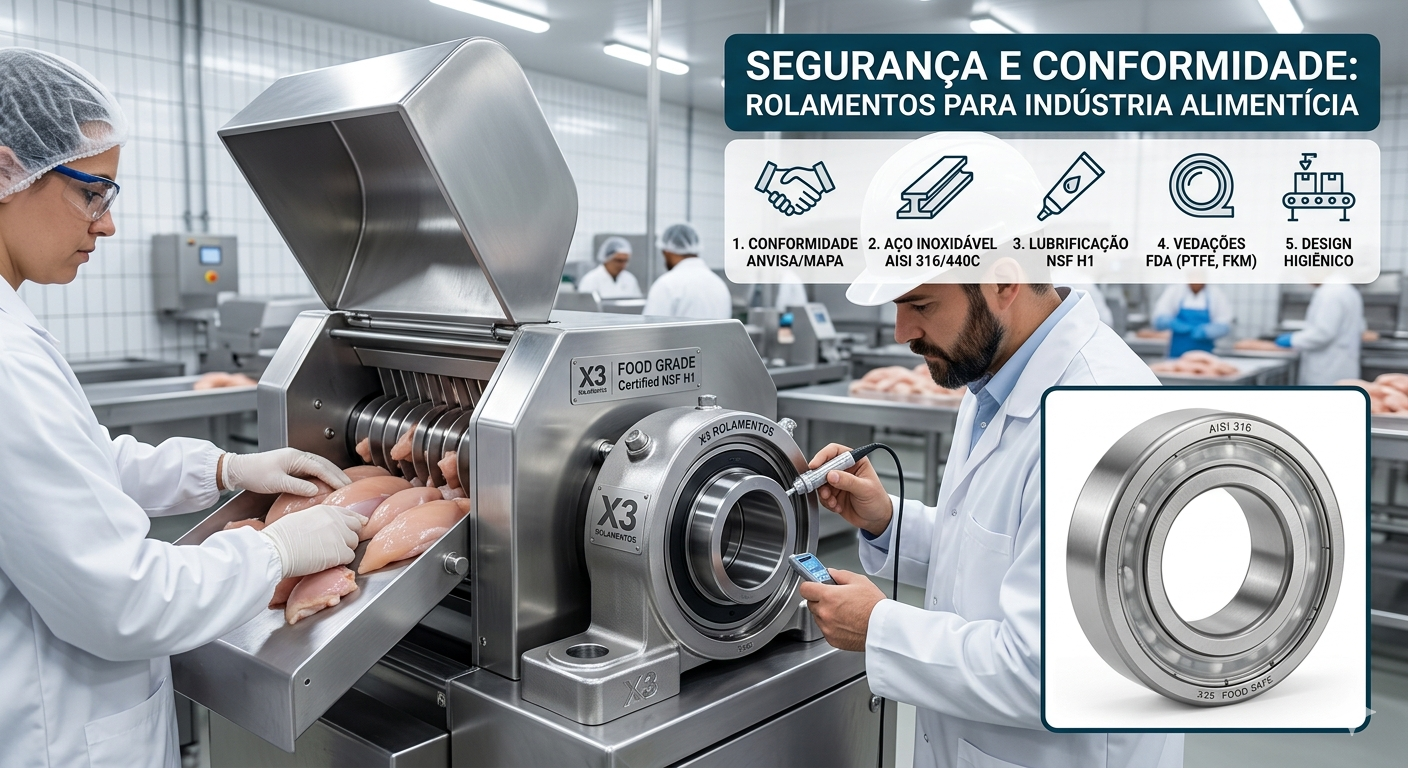 Rolamento de aço inox AISI 316 certificado para indústria de alimentos com selo food safe.