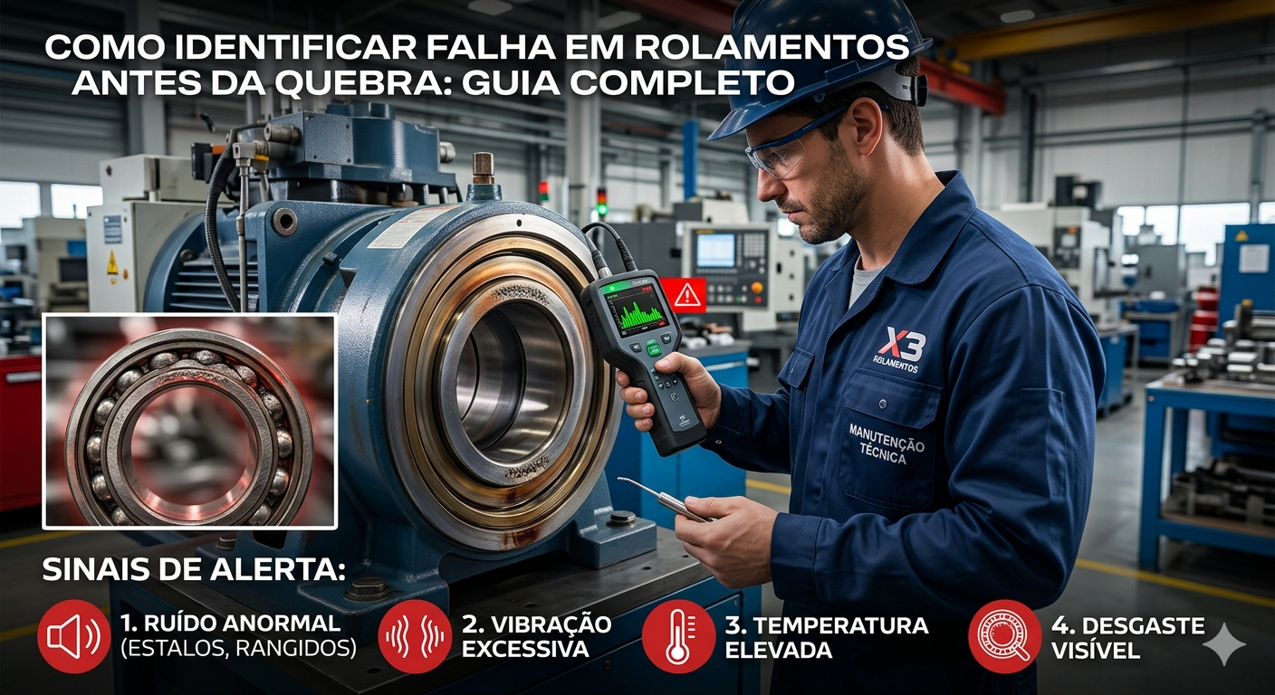 Sinais de falha em rolamentos industriais: ruído, vibração, temperatura e desgaste visível.