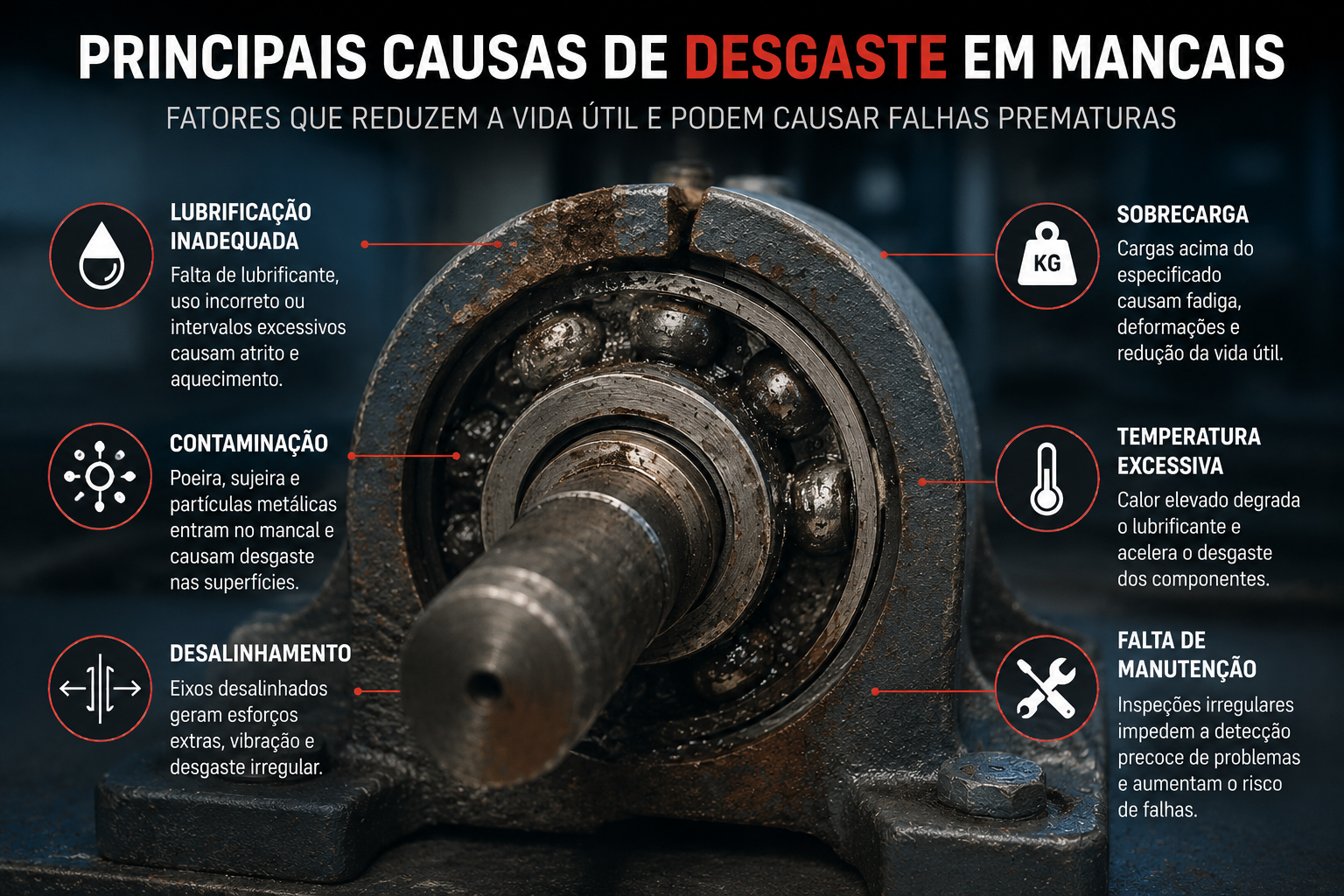 Principais causas de desgaste em mancais industriais causadas por falta de lubrificação, contaminação e desalinhamento