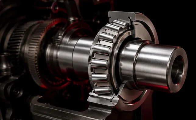 Rolamentos conico industrial montado em eixo metálico com rolos cônicos aparentes para aplicações de carga radial e axial combinada.