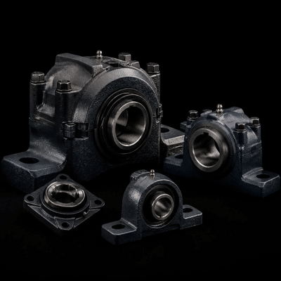 Conjunto de mancais industriais bipartidos e blocos de rolamento tipo plummer block em ferro fundido pesado sobre fundo preto.