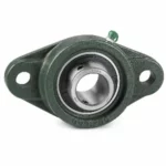 Mancal flangeado oval de dois furos serie UCFL em ferro fundido com rolamento auto compensador instalado.