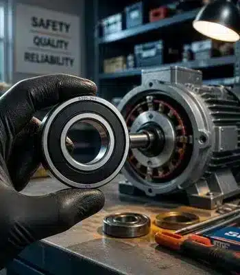Rolamento de esferas para motor elétrico sendo manuseado por técnico com luva, em bancada de manutenção industrial